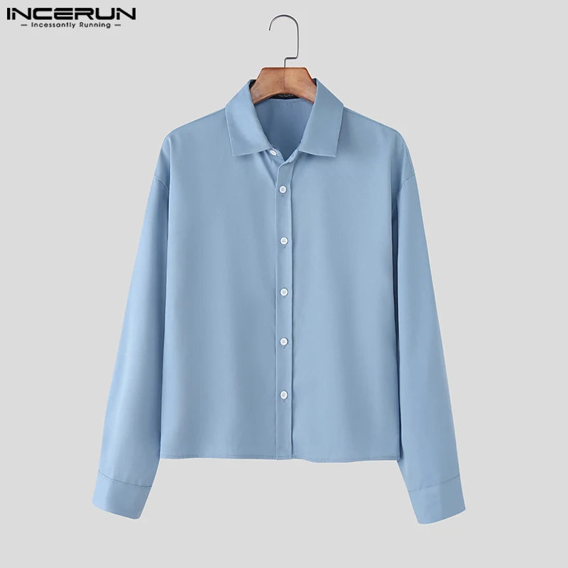 INCERUN Men Shirt Solid Color Lapel Long Sleeve Button Loose Crop Tops Men Streetwear 2025 Fashion Casual Men Clothing S-5XL