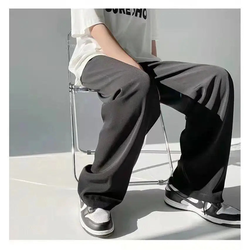 Autumn Winter Smooth Anti-Wrinkle Polyester Chiffon Wide-Leg Pants Fashion Solid Color Trousers Man Casual Chic Y2k Male Clothes
