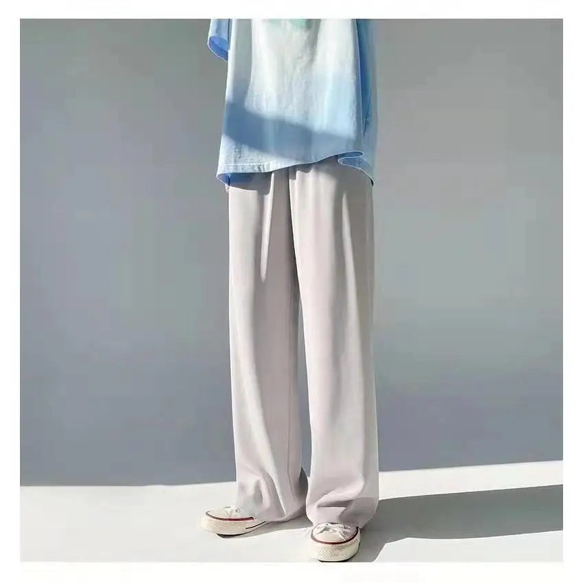 Autumn Winter Smooth Anti-Wrinkle Polyester Chiffon Wide-Leg Pants Fashion Solid Color Trousers Man Casual Chic Y2k Male Clothes