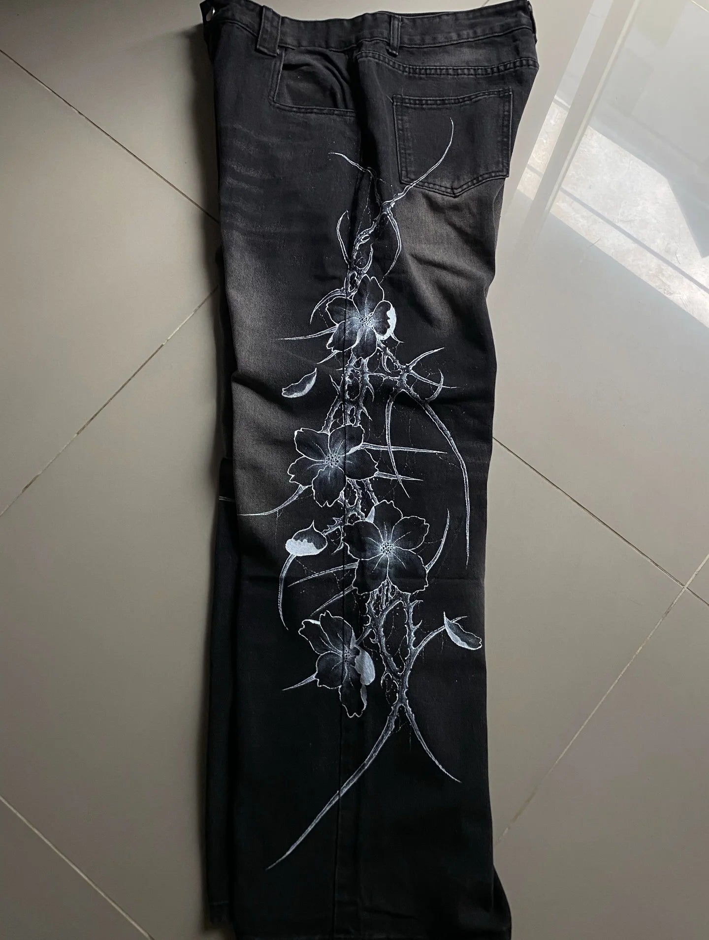 Y2K vintage black thorn Printing baggy jeans harajuku trend brand men women street hip hop fashion casual couple Wide-leg pants