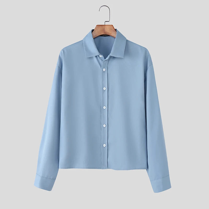 INCERUN Men Shirt Solid Color Lapel Long Sleeve Button Loose Crop Tops Men Streetwear 2025 Fashion Casual Men Clothing S-5XL