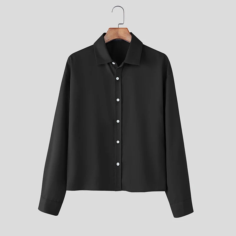 INCERUN Men Shirt Solid Color Lapel Long Sleeve Button Loose Crop Tops Men Streetwear 2025 Fashion Casual Men Clothing S-5XL