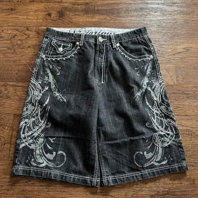 Y2K Fashion New Oversize Embroidery Loose Denim Shorts Men Gothic Punk Hip Hop Fashion Casual Joker Couple Basketball Pants