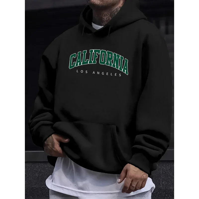 Men's autumn and winter casual fashion loose hooded sweatshirt California Los Angeles letter printed long sleeved warm pullover