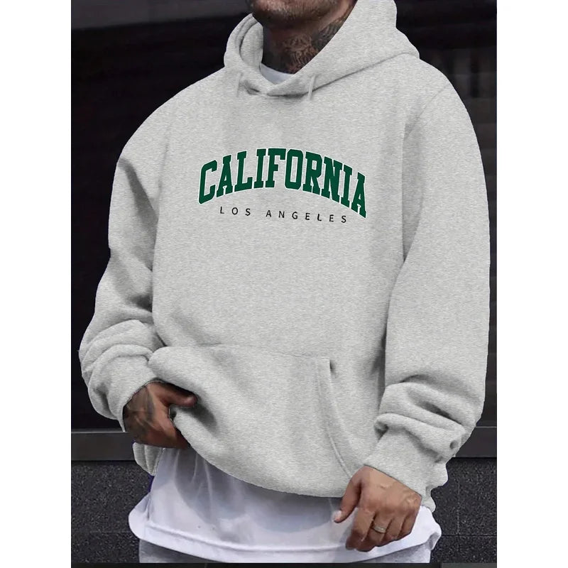 Men's autumn and winter casual fashion loose hooded sweatshirt California Los Angeles letter printed long sleeved warm pullover