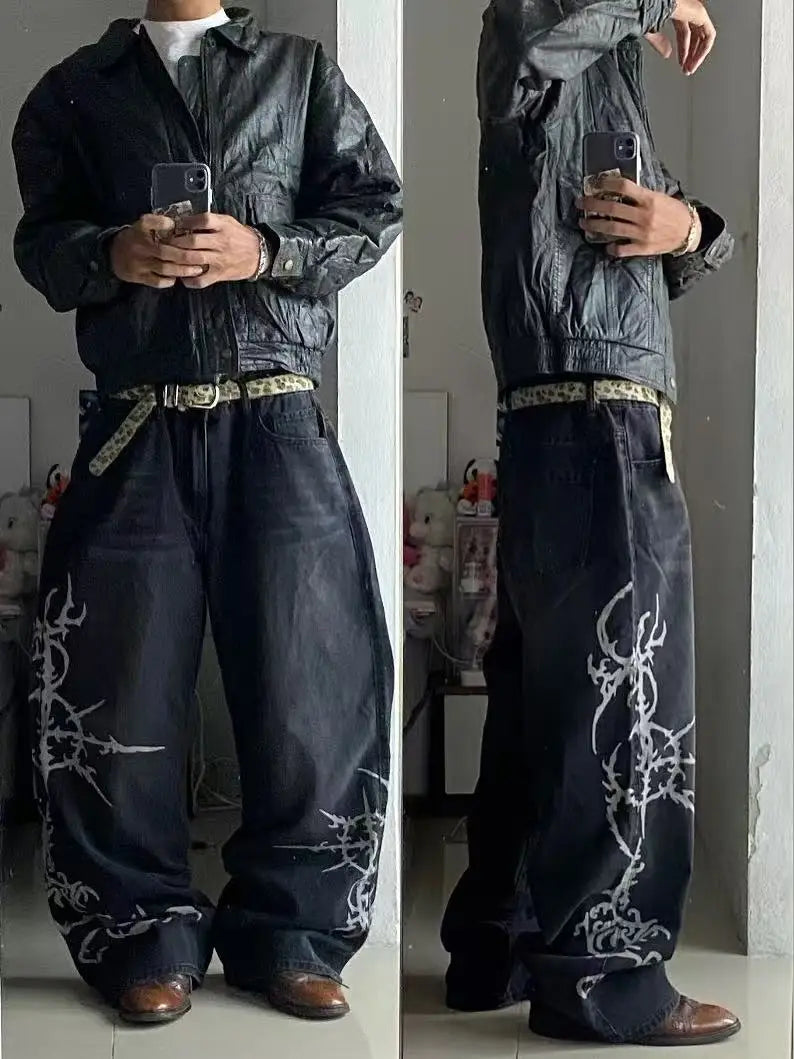 Y2K vintage black thorn Printing baggy jeans harajuku trend brand men women street hip hop fashion casual couple Wide-leg pants