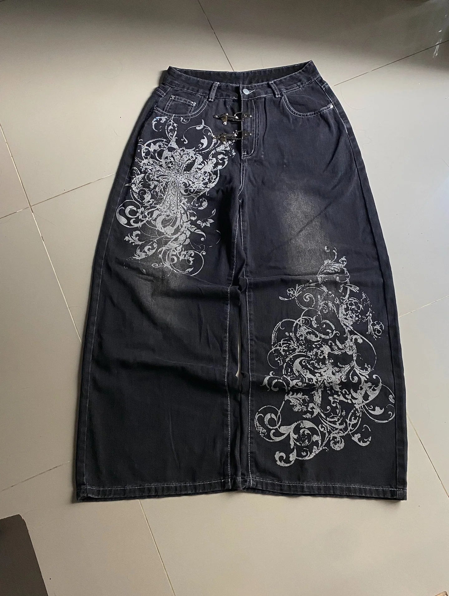 Y2K vintage black thorn Printing baggy jeans harajuku trend brand men women street hip hop fashion casual couple Wide-leg pants