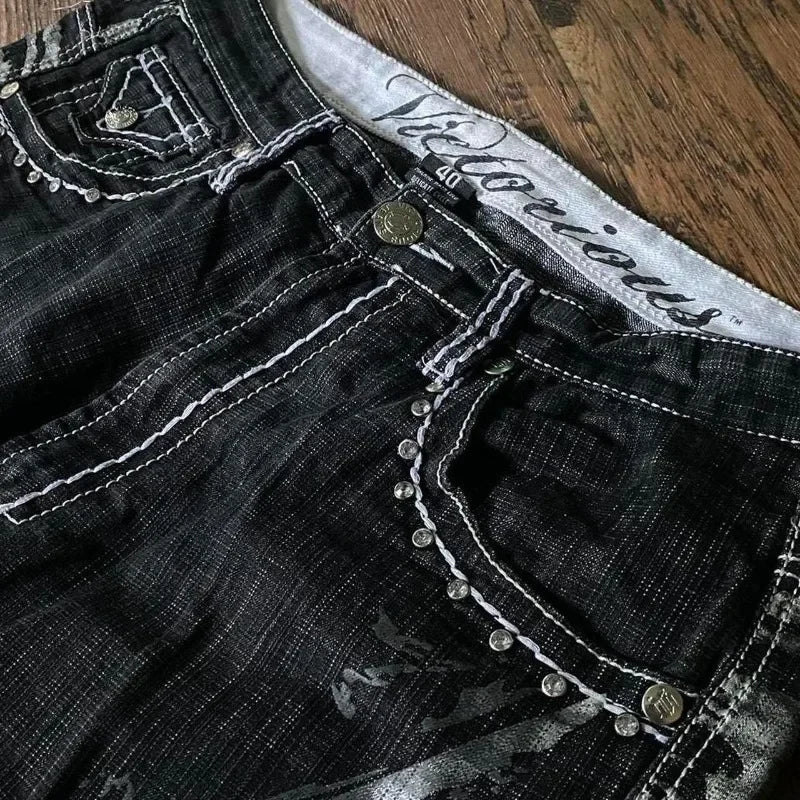 Y2K Fashion New Oversize Embroidery Loose Denim Shorts Men Gothic Punk Hip Hop Fashion Casual Joker Couple Basketball Pants