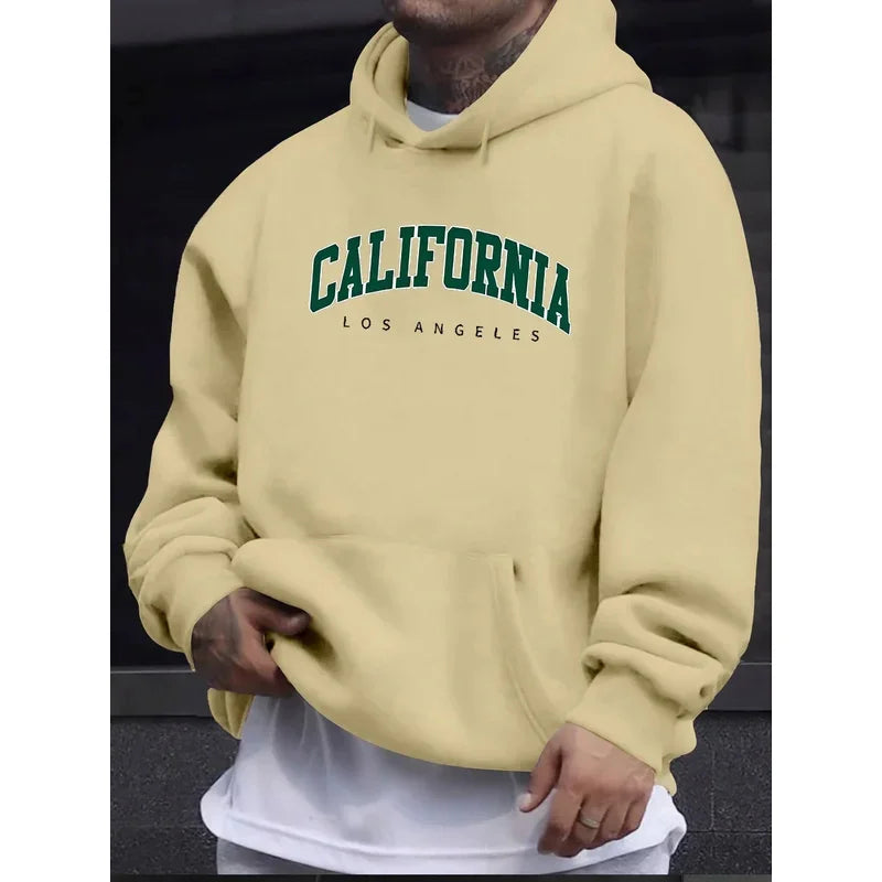 Men's autumn and winter casual fashion loose hooded sweatshirt California Los Angeles letter printed long sleeved warm pullover