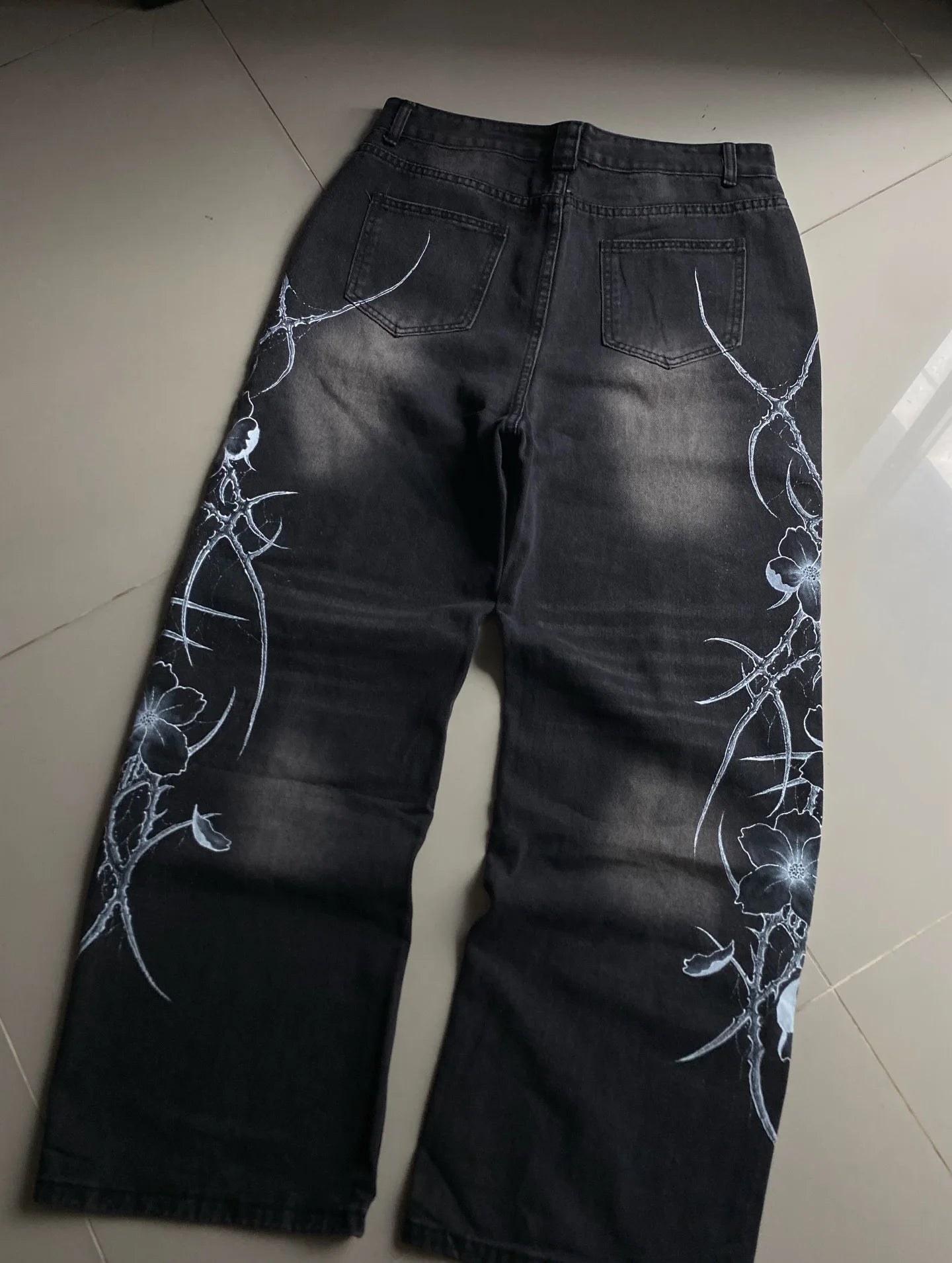 Y2K vintage black thorn Printing baggy jeans harajuku trend brand men women street hip hop fashion casual couple Wide-leg pants