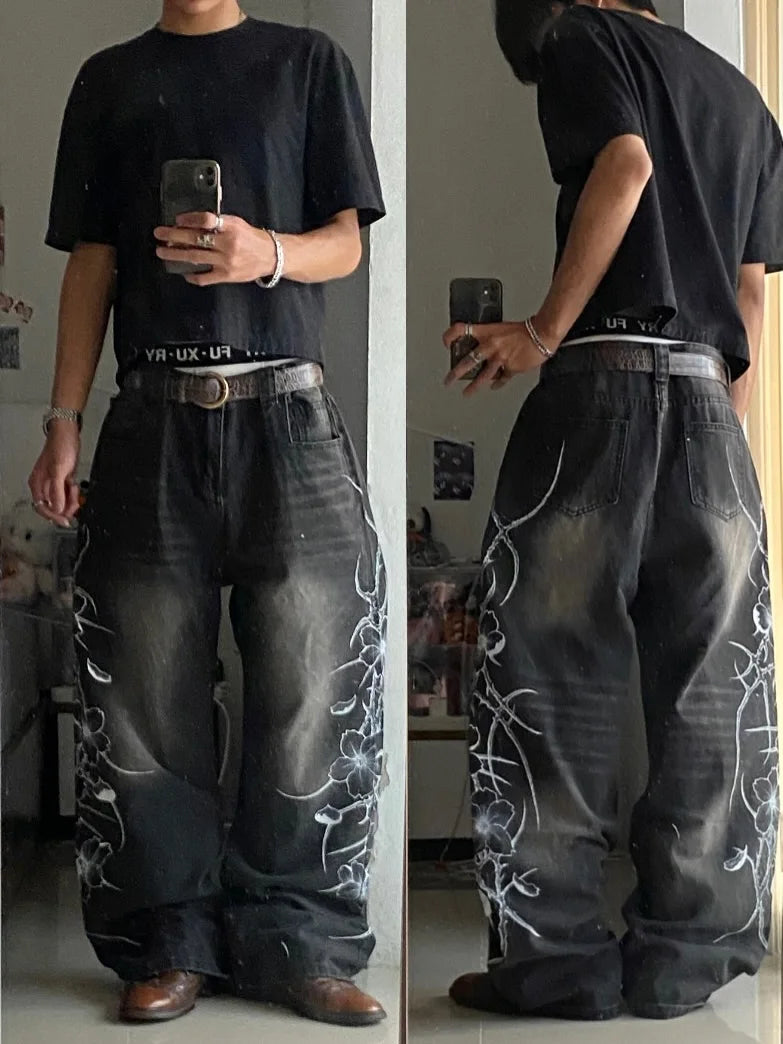 Y2K vintage black thorn Printing baggy jeans harajuku trend brand men women street hip hop fashion casual couple Wide-leg pants