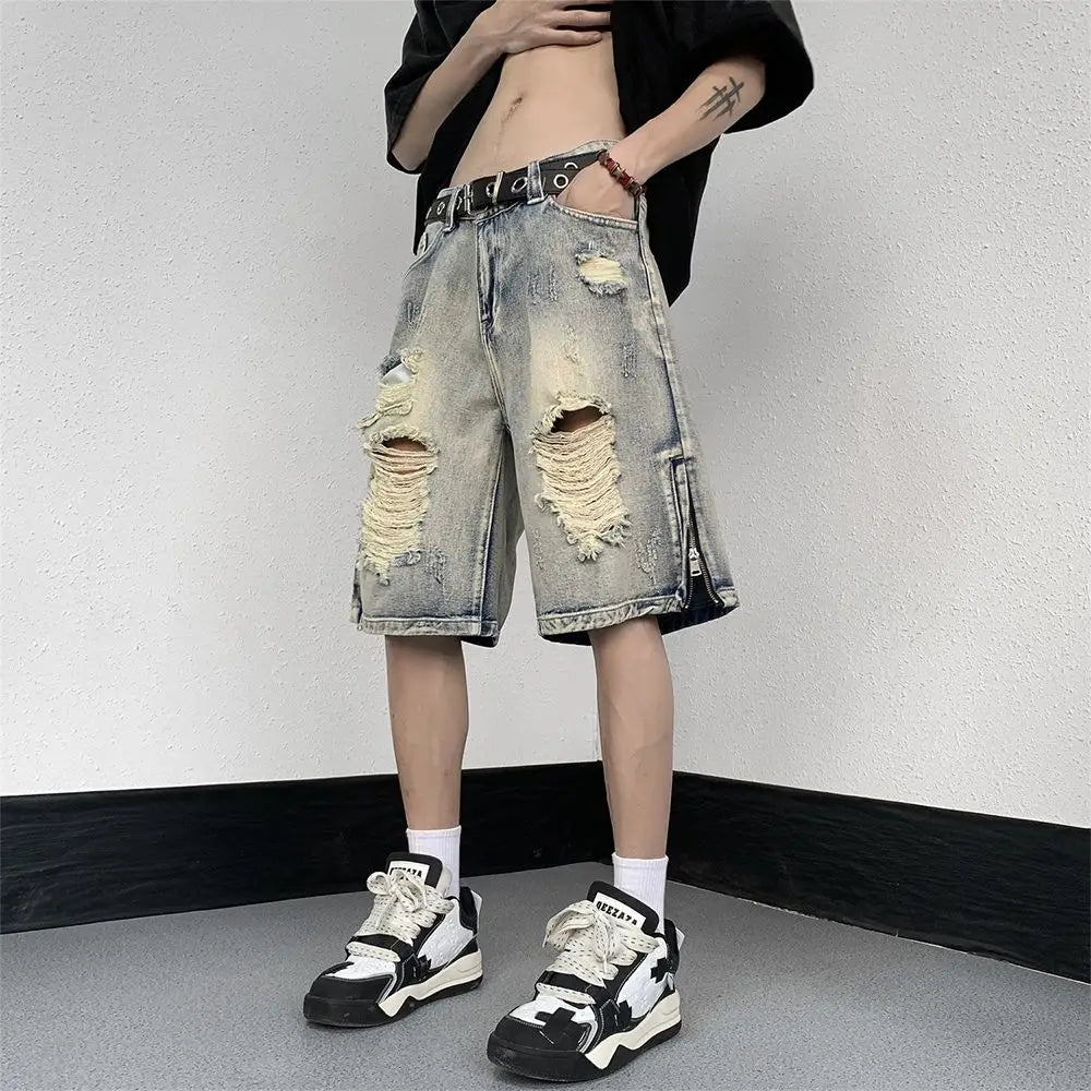Men's High Street Ripped Denim Versatile Loose and Handsome Shorts
