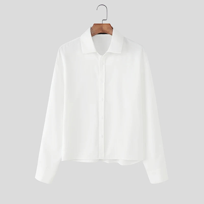 INCERUN Men Shirt Solid Color Lapel Long Sleeve Button Loose Crop Tops Men Streetwear 2025 Fashion Casual Men Clothing S-5XL