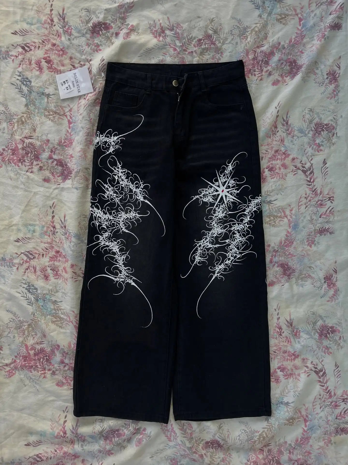 Y2K vintage black thorn Printing baggy jeans harajuku trend brand men women street hip hop fashion casual couple Wide-leg pants