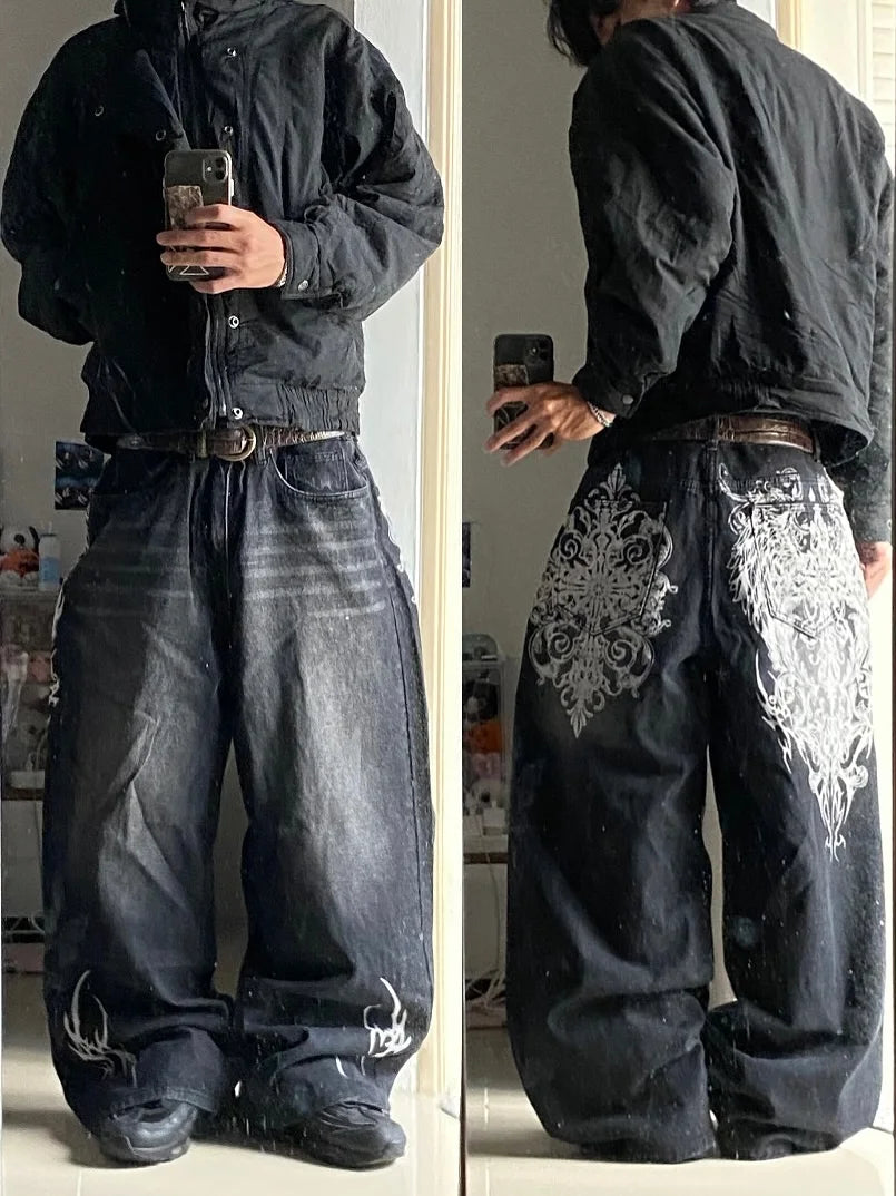 Y2K vintage black thorn Printing baggy jeans harajuku trend brand men women street hip hop fashion casual couple Wide-leg pants