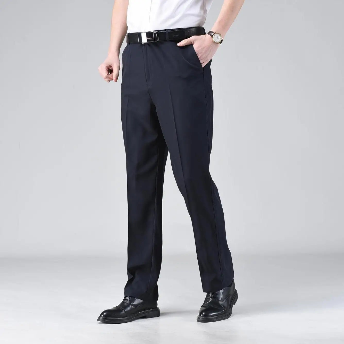 Simplicity Summer Solid Ice Silk Pants Men's Quick Drying Zip Fastener Pockets Smart Casual High Waist Straight Suit Trousers