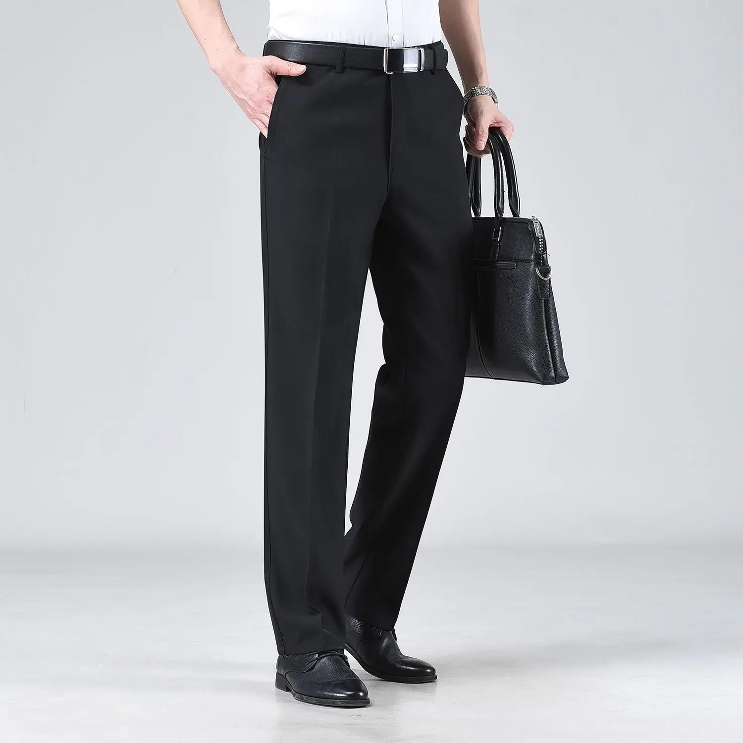 Simplicity Summer Solid Ice Silk Pants Men's Quick Drying Zip Fastener Pockets Smart Casual High Waist Straight Suit Trousers