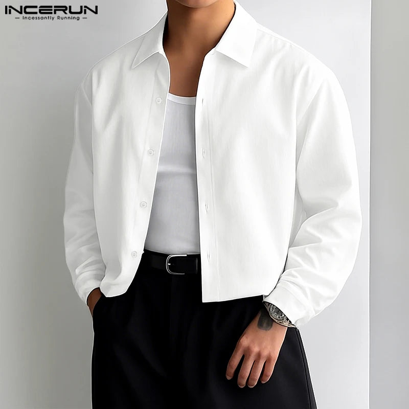 INCERUN Men Shirt Solid Color Lapel Long Sleeve Button Loose Crop Tops Men Streetwear 2025 Fashion Casual Men Clothing S-5XL