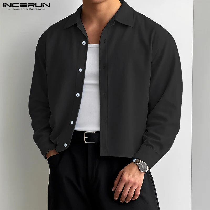 INCERUN Men Shirt Solid Color Lapel Long Sleeve Button Loose Crop Tops Men Streetwear 2025 Fashion Casual Men Clothing S-5XL
