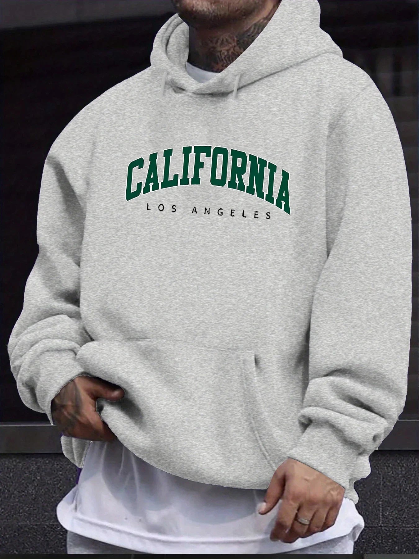 Men's autumn and winter casual fashion loose hooded sweatshirt California Los Angeles letter printed long sleeved warm pullover