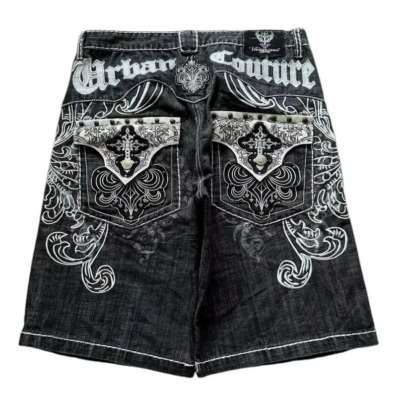 Y2K Fashion New Oversize Embroidery Loose Denim Shorts Men Gothic Punk Hip Hop Fashion Casual Joker Couple Basketball Pants