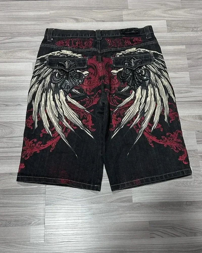 Y2K Fashion New Oversize Embroidery Loose Denim Shorts Men Gothic Punk Hip Hop Fashion Casual Joker Couple Basketball Pants