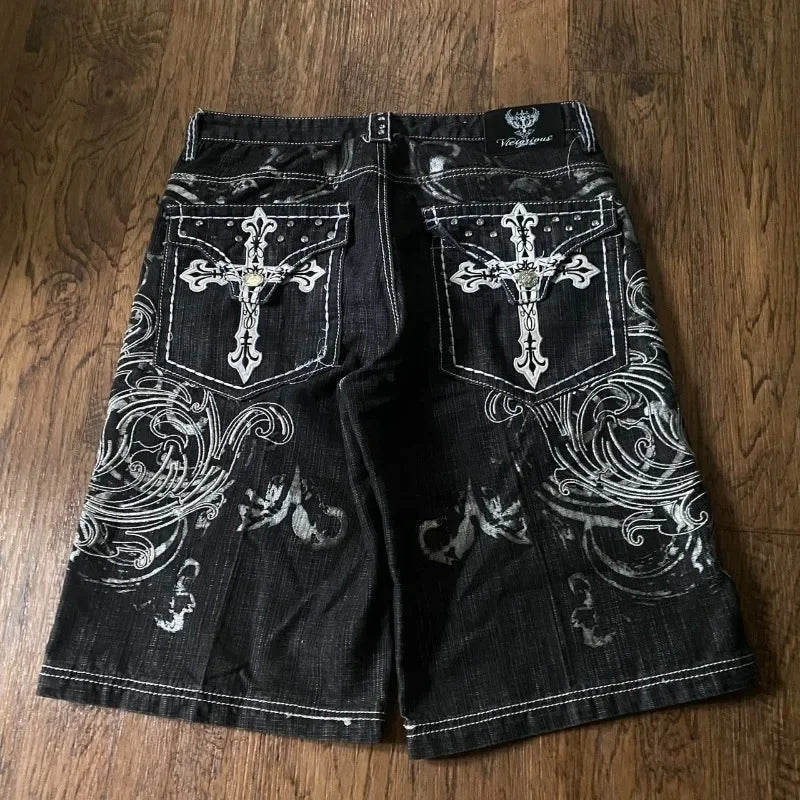 Y2K Fashion New Oversize Embroidery Loose Denim Shorts Men Gothic Punk Hip Hop Fashion Casual Joker Couple Basketball Pants