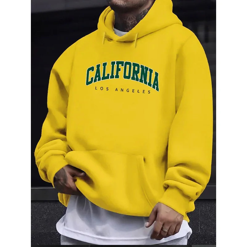 Men's autumn and winter casual fashion loose hooded sweatshirt California Los Angeles letter printed long sleeved warm pullover