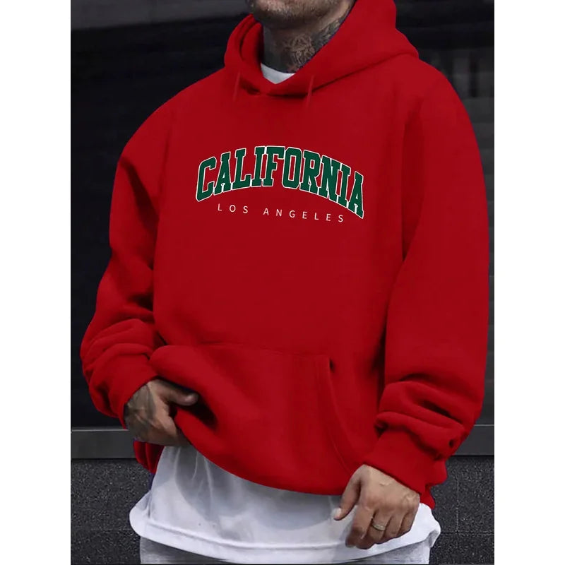 Men's autumn and winter casual fashion loose hooded sweatshirt California Los Angeles letter printed long sleeved warm pullover