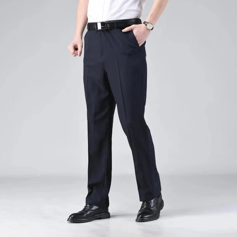 Simplicity Summer Solid Ice Silk Pants Men's Quick Drying Zip Fastener Pockets Smart Casual High Waist Straight Suit Trousers