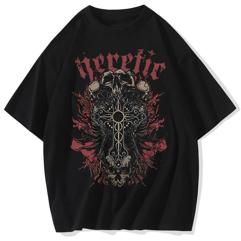 Horror Skull Tshirts Men and Women Harajuku Hip-hop Short-sleeved T-shirt Casual Tops Streetwear Washed Oversized T-shirts
