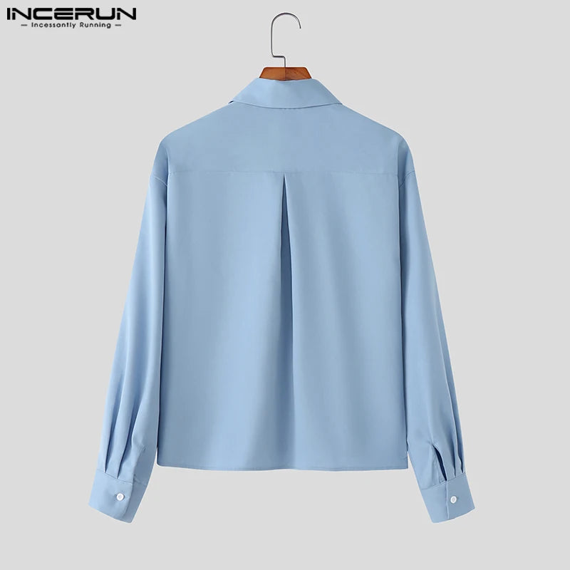 INCERUN Men Shirt Solid Color Lapel Long Sleeve Button Loose Crop Tops Men Streetwear 2025 Fashion Casual Men Clothing S-5XL