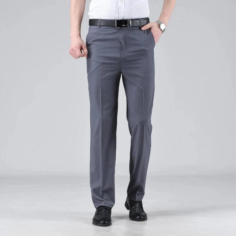 Simplicity Summer Solid Ice Silk Pants Men's Quick Drying Zip Fastener Pockets Smart Casual High Waist Straight Suit Trousers