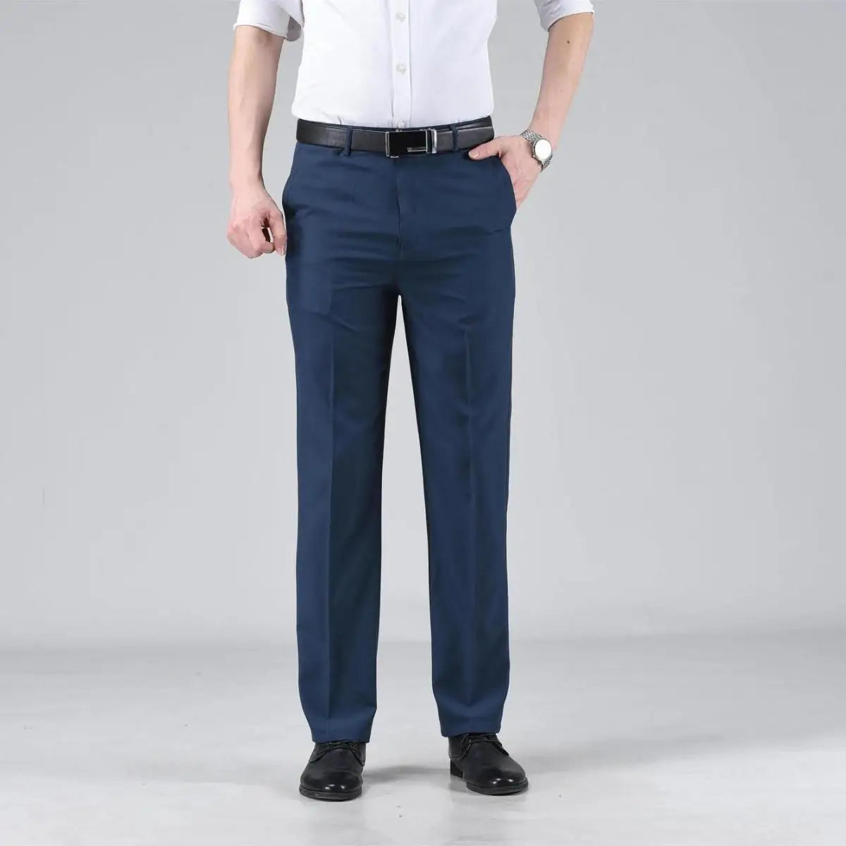 Simplicity Summer Solid Ice Silk Pants Men's Quick Drying Zip Fastener Pockets Smart Casual High Waist Straight Suit Trousers