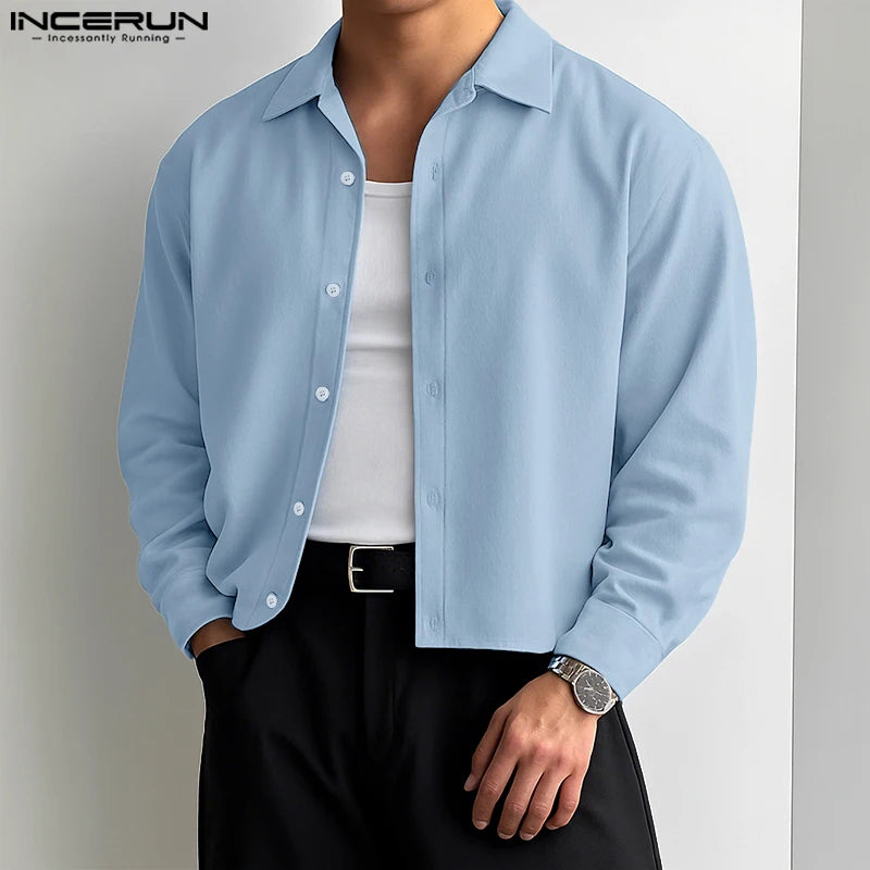 INCERUN Men Shirt Solid Color Lapel Long Sleeve Button Loose Crop Tops Men Streetwear 2025 Fashion Casual Men Clothing S-5XL