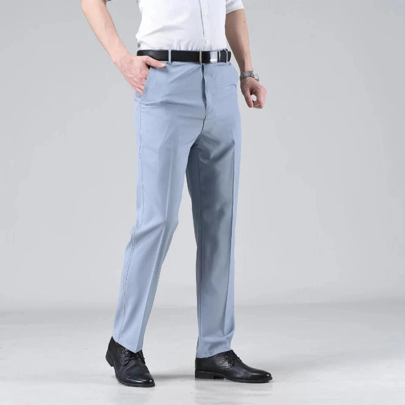 Simplicity Summer Solid Ice Silk Pants Men's Quick Drying Zip Fastener Pockets Smart Casual High Waist Straight Suit Trousers
