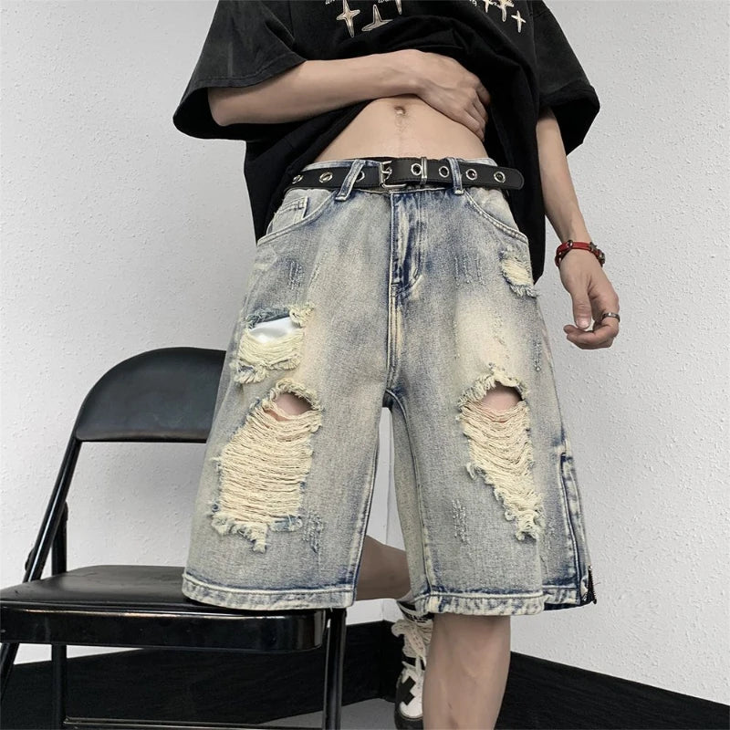 Men's High Street Ripped Denim Versatile Loose and Handsome Shorts