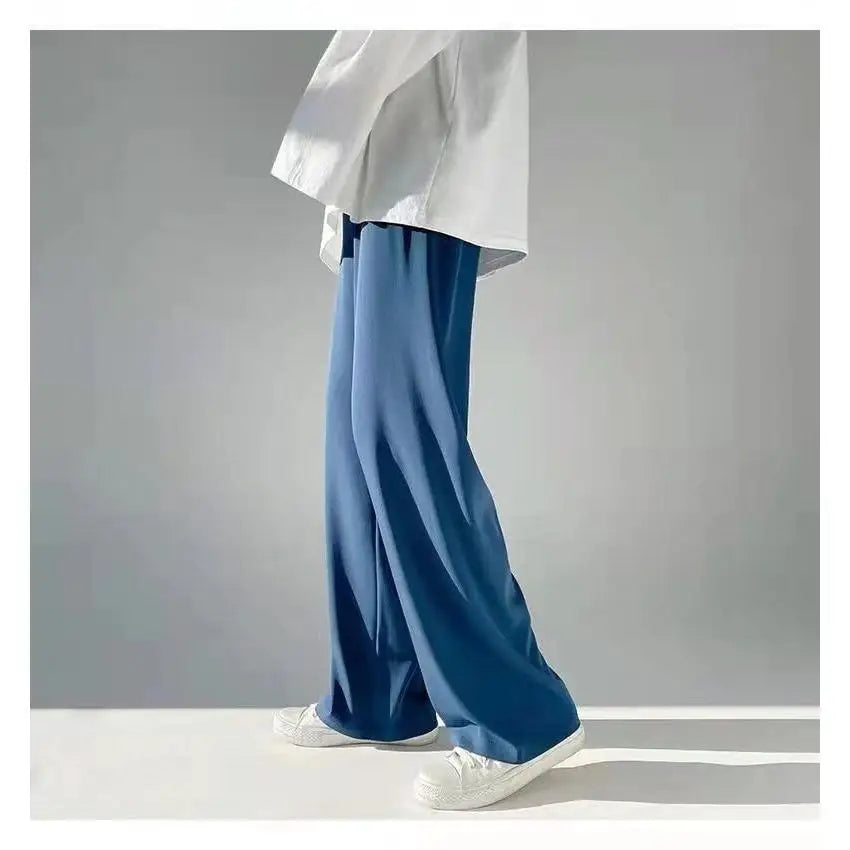 Autumn Winter Smooth Anti-Wrinkle Polyester Chiffon Wide-Leg Pants Fashion Solid Color Trousers Man Casual Chic Y2k Male Clothes