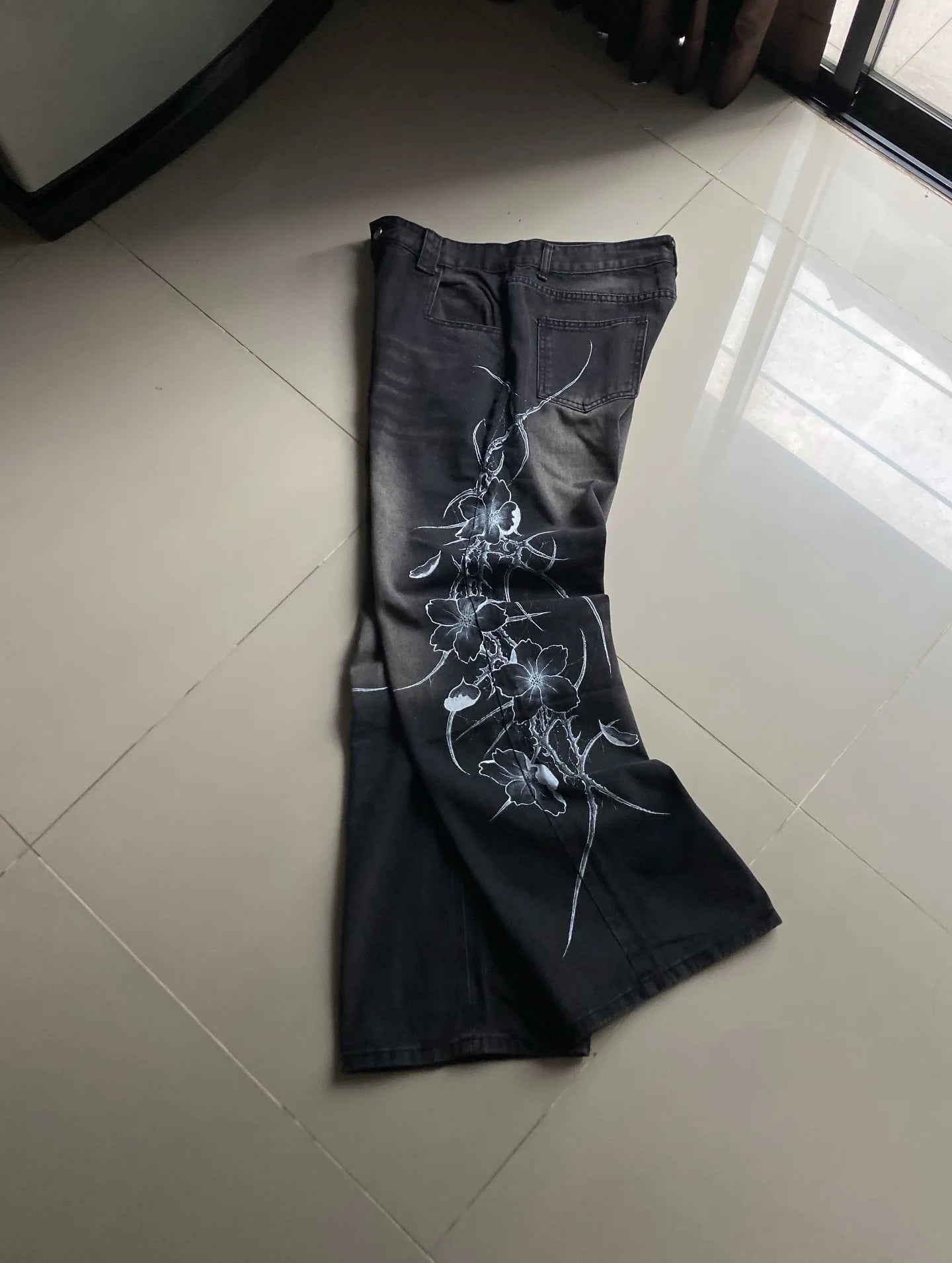 Y2K vintage black thorn Printing baggy jeans harajuku trend brand men women street hip hop fashion casual couple Wide-leg pants