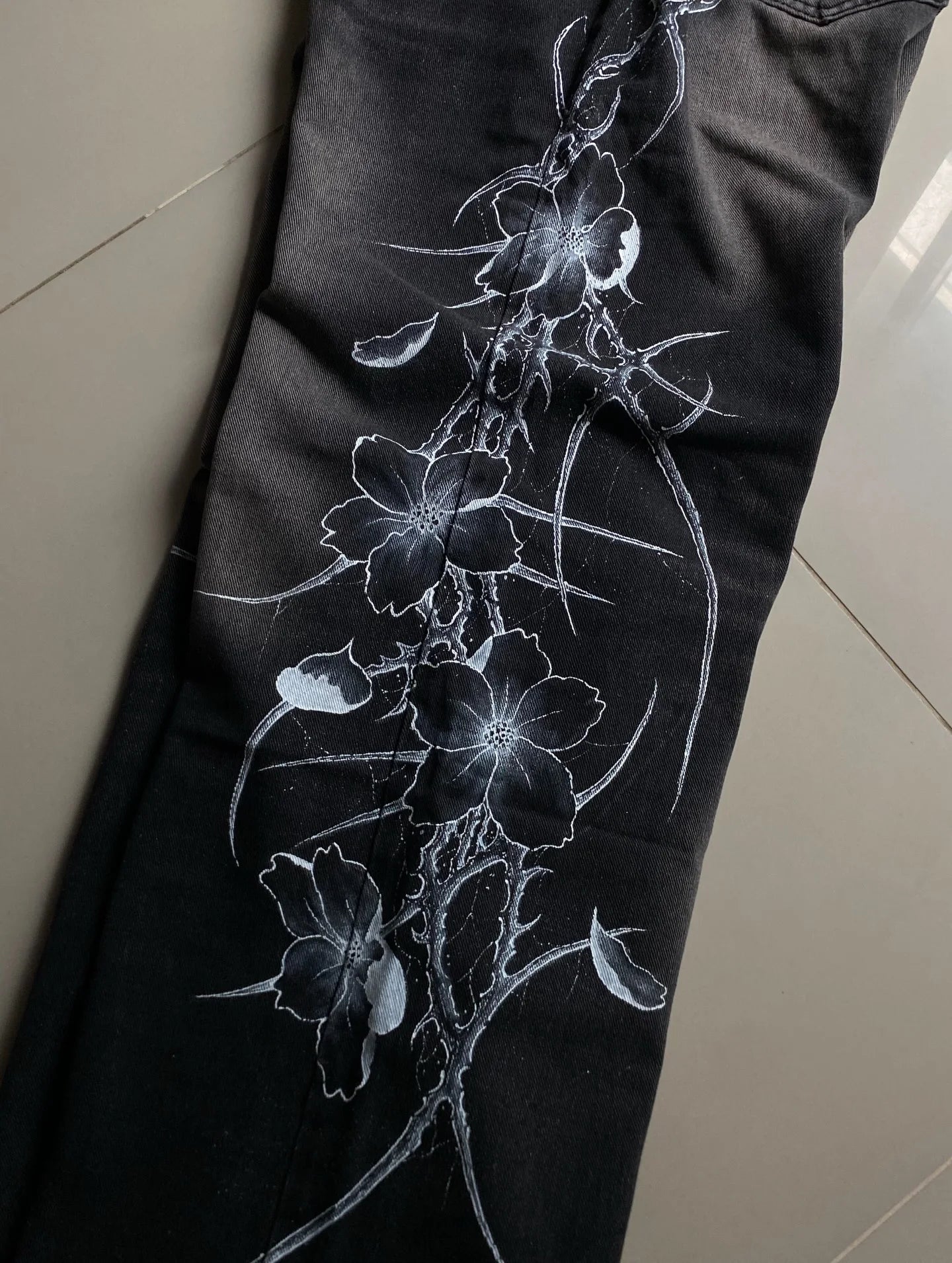 Y2K vintage black thorn Printing baggy jeans harajuku trend brand men women street hip hop fashion casual couple Wide-leg pants